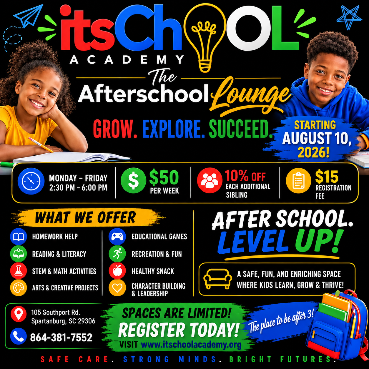 itsChOOL Academy enrollment flyer — back to school promotion